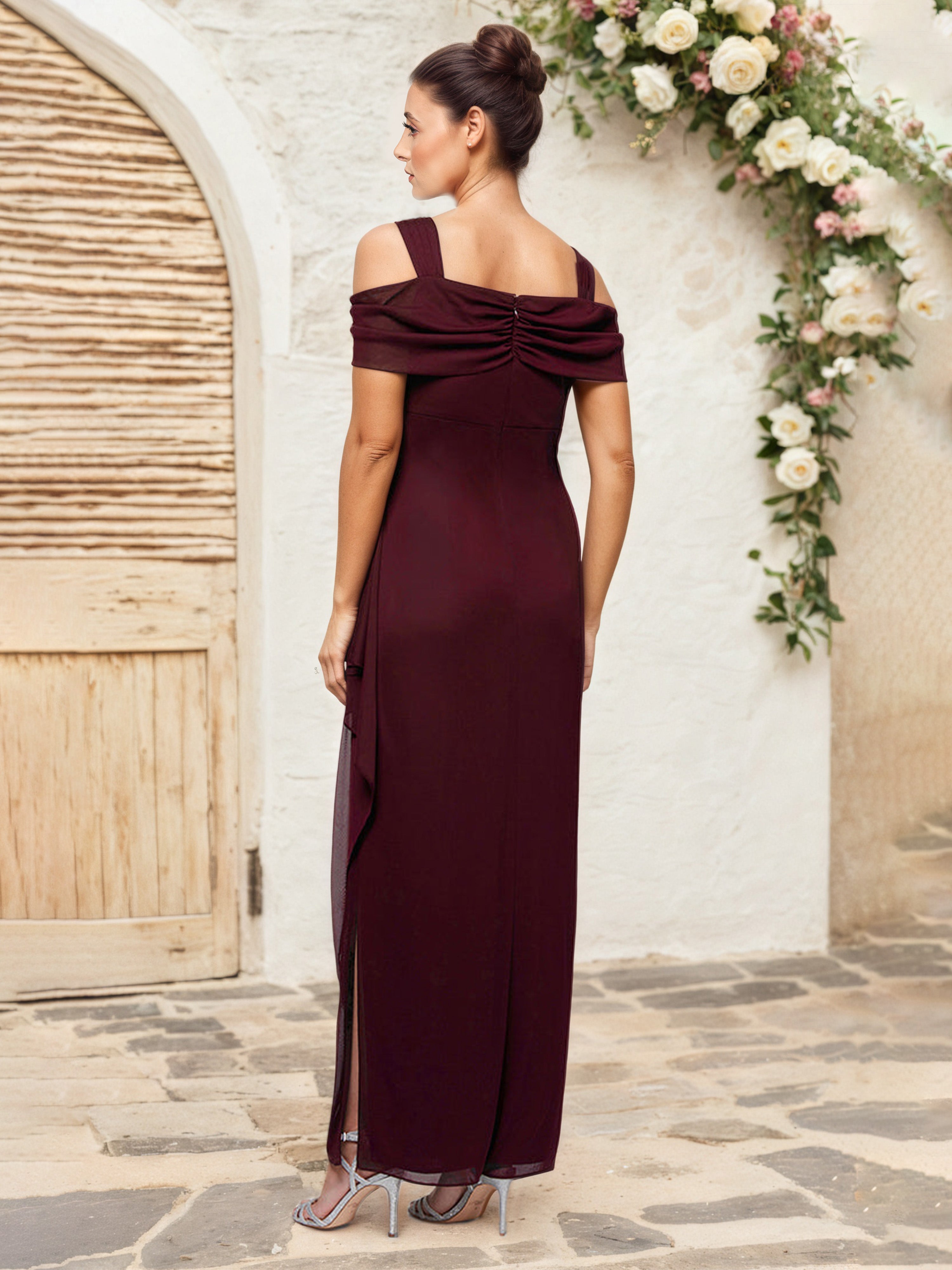 Sheath/Column Square Neckline Off The Shoulder Sleeveless Cabernet Mother Of The Bride Dress