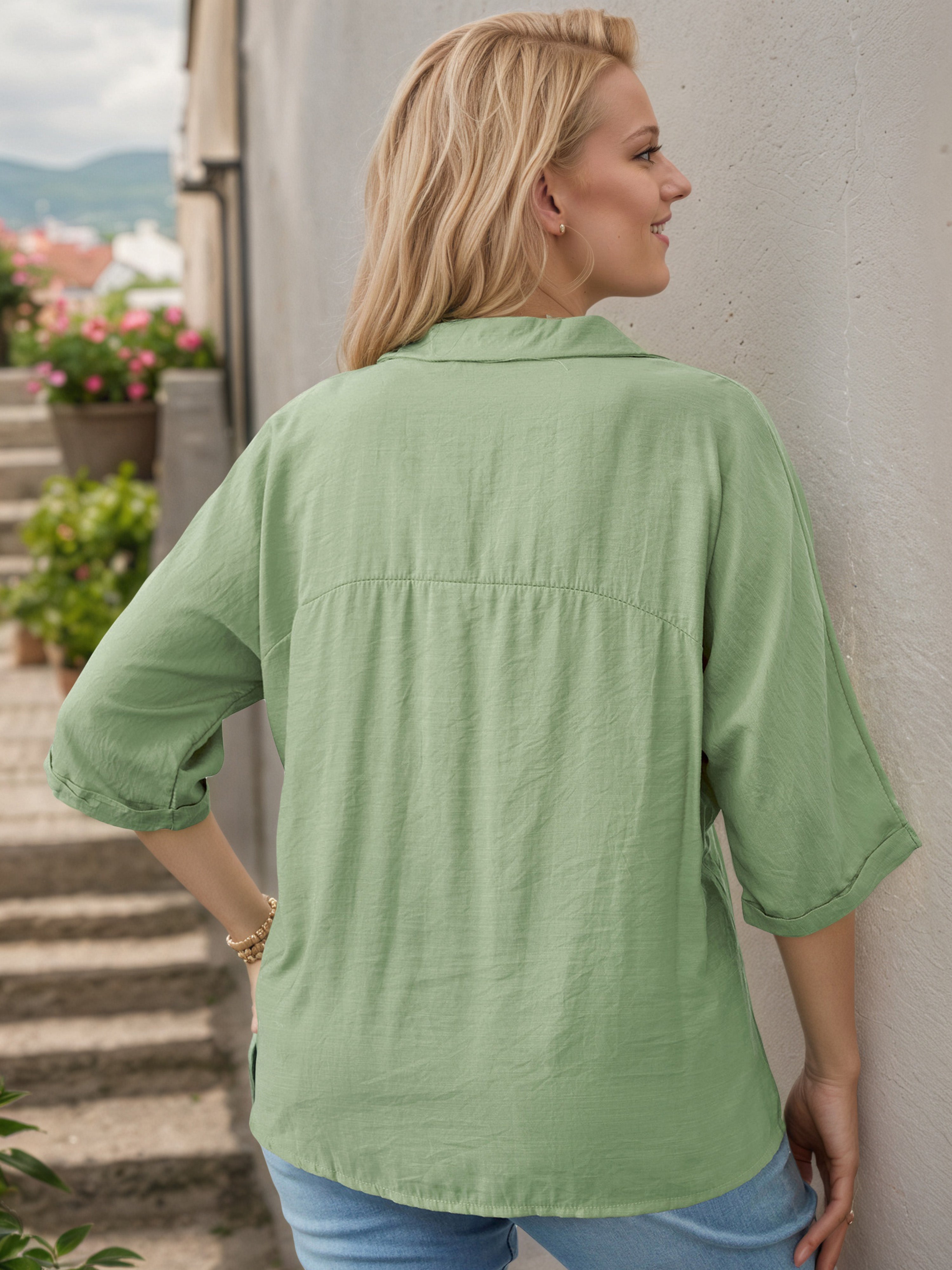Plus V-Neck Button Half Sleeves Dusty Sage Blouse