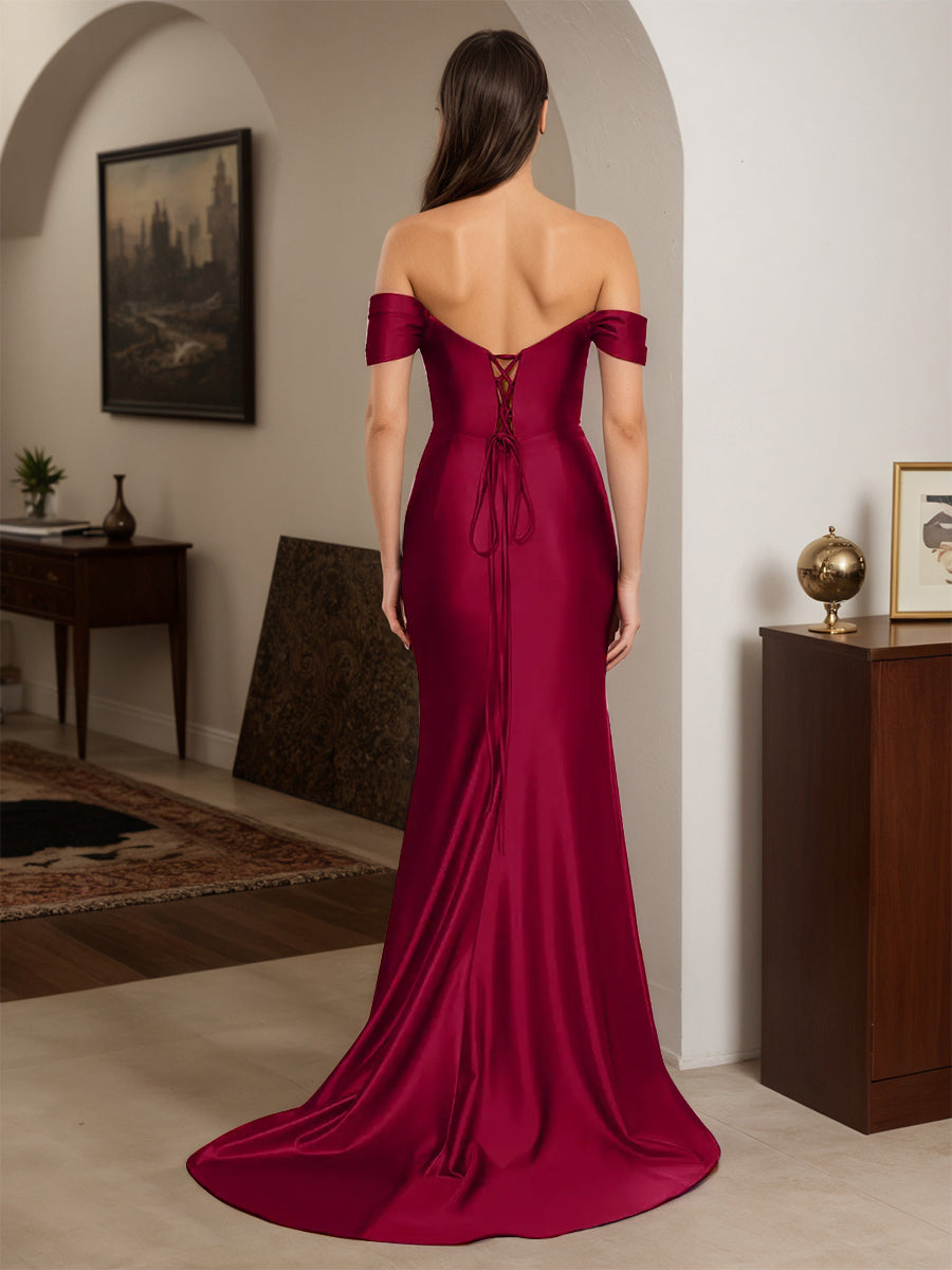 Cicinia Burgundy Prom Dresses Off The Shoulder Trumpet Beading Strapless Sweep Train Gown