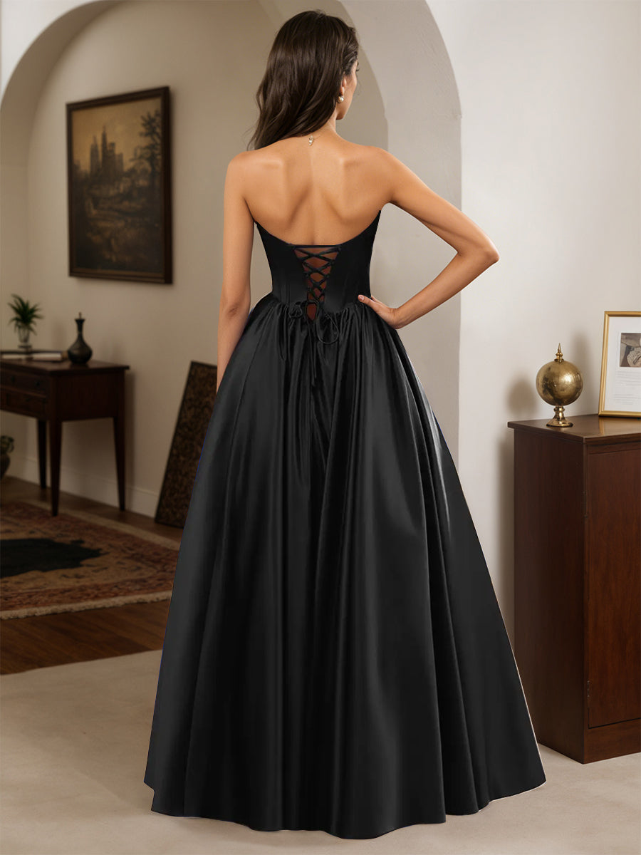 Cicinia Black Prom Dresses Satin Strapless A-Line Floor Length Sleeveless Pretty Gown