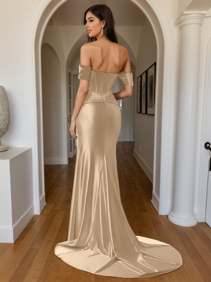 Cicinia Champagne Prom Dresses Soft Satin Trumpet Off The Shoulder Sweep Train Evening Gowns with Split
