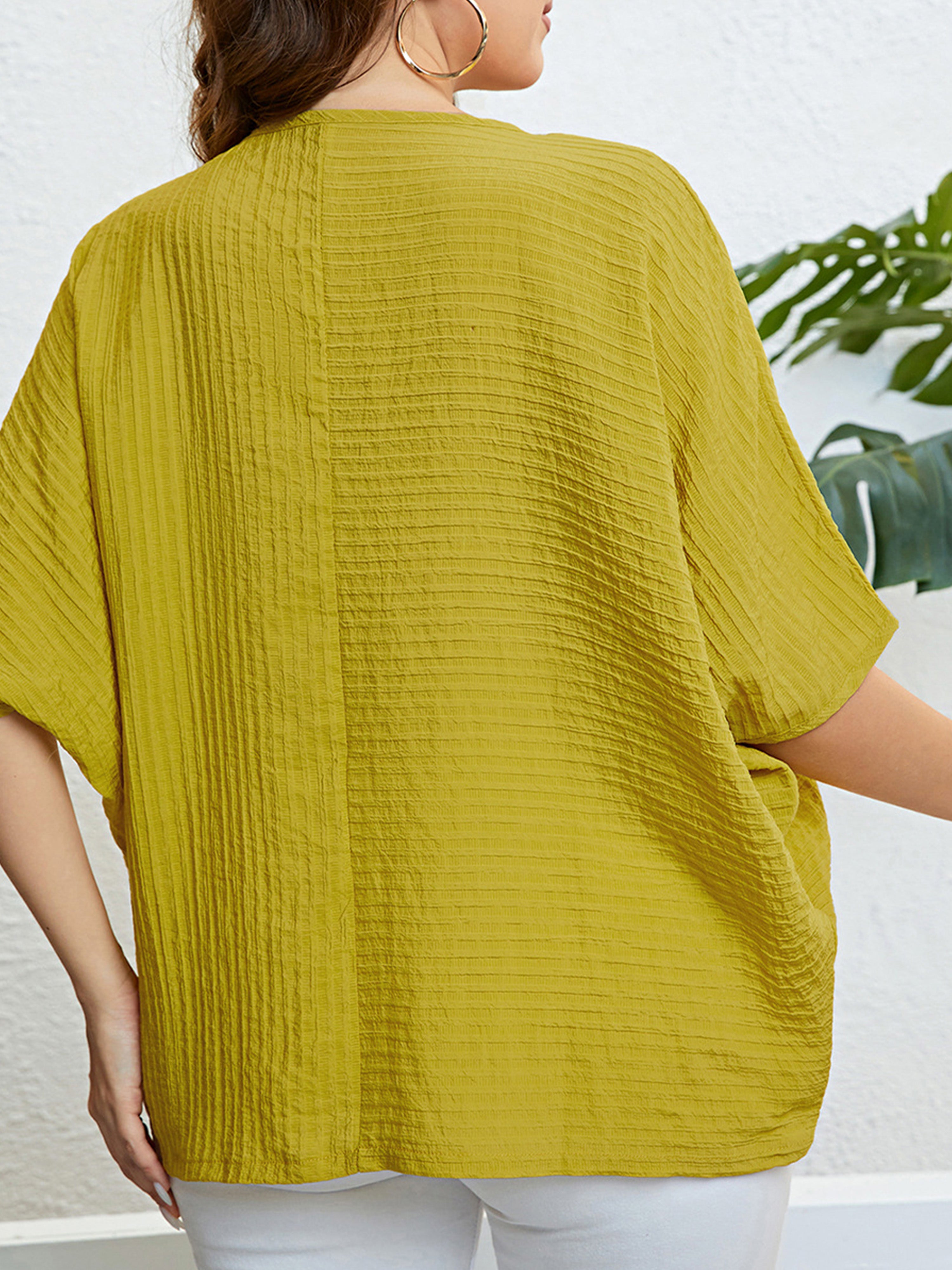 Plain Patchwork Yellow Batwing Sleeve Plus Blouse