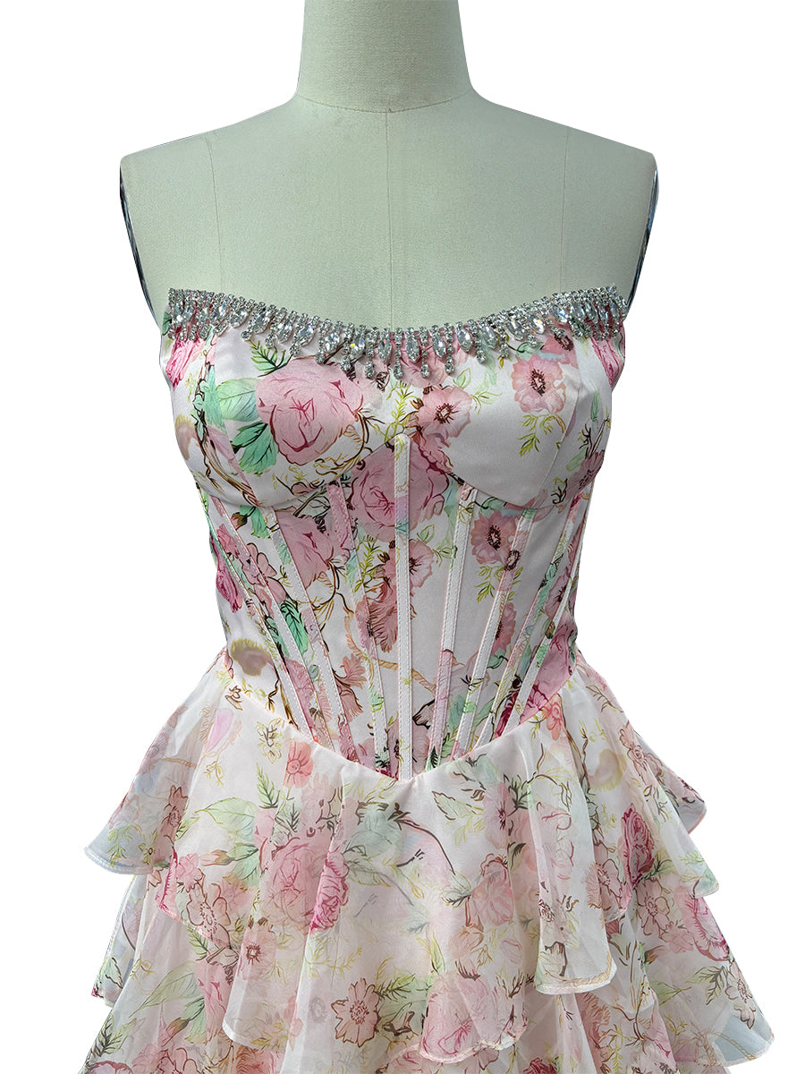 Cicinia Blushing Pink Prom Dress Floral Printed Strapless Layers Sleeveless A-Line Evening Gowns