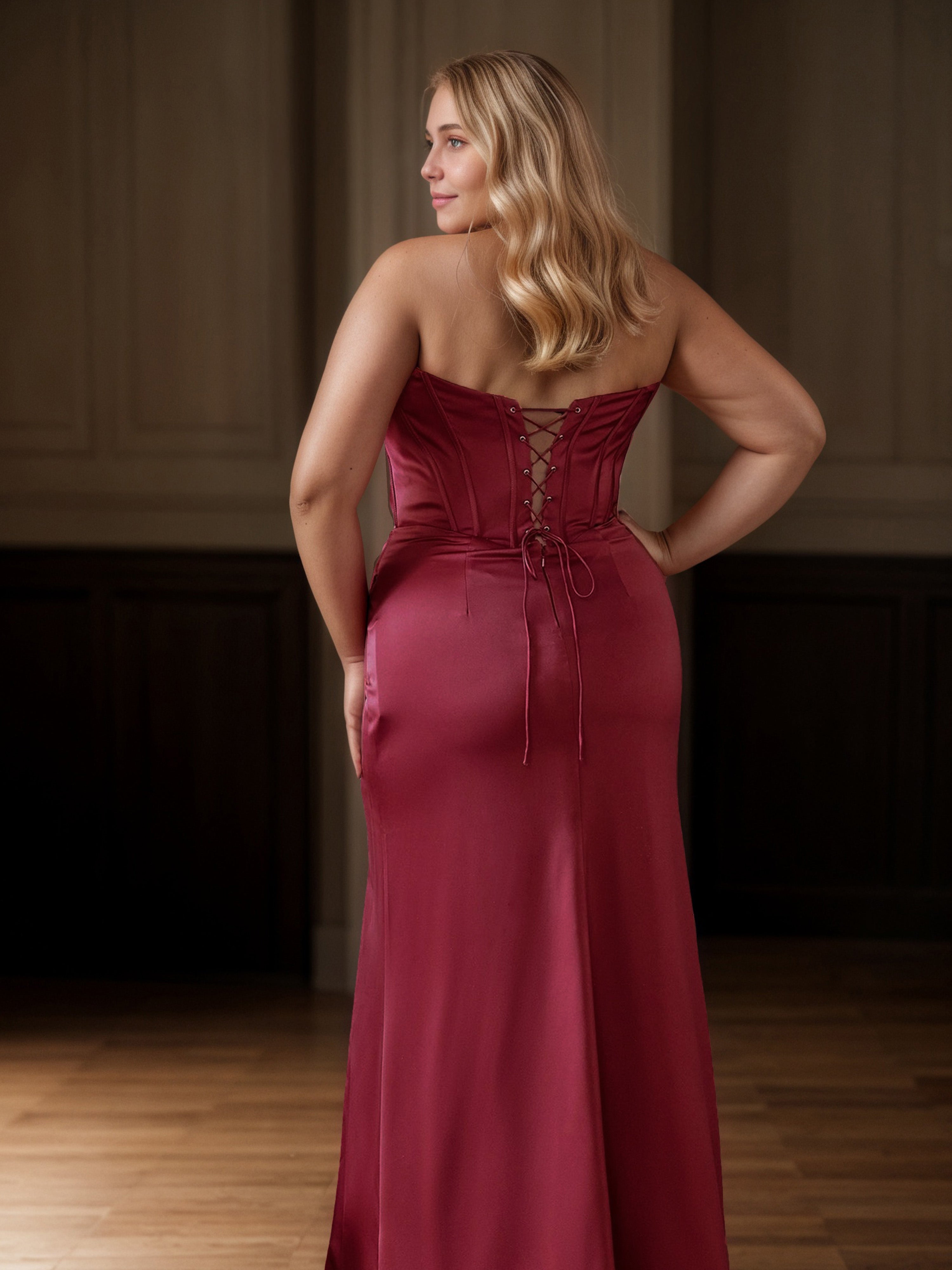 Strapless Prom Dress Strapless Burgundy Long Plus Size Dress with Split