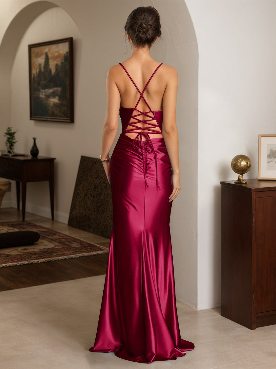 Cicinia Mulberry Prom Dresses Stretch Satin Sheath Spaghetti Straps Chic Long Evening Gown