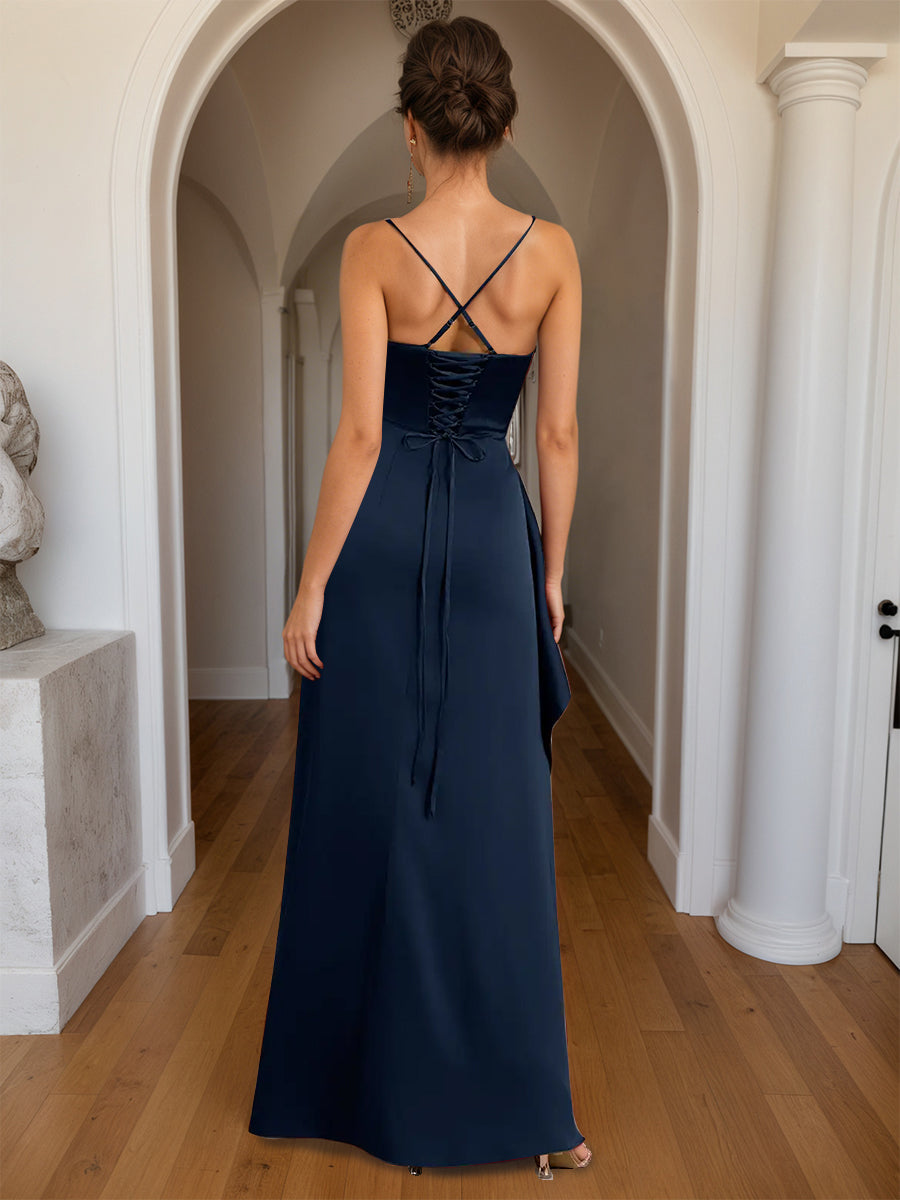 Cicinia Dark Navy Prom Dresses Sheath Square Neckline Spaghetti Straps Slit Floor Length Long Prom