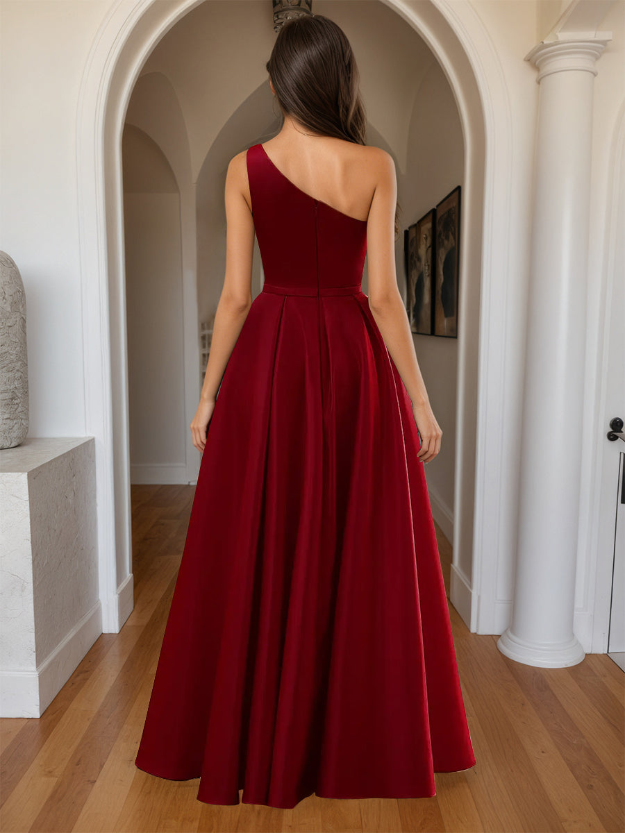 Cicinia Burgundy Prom Dresses Satin A-Line One Shoulder with Slit Floor Length Gowns