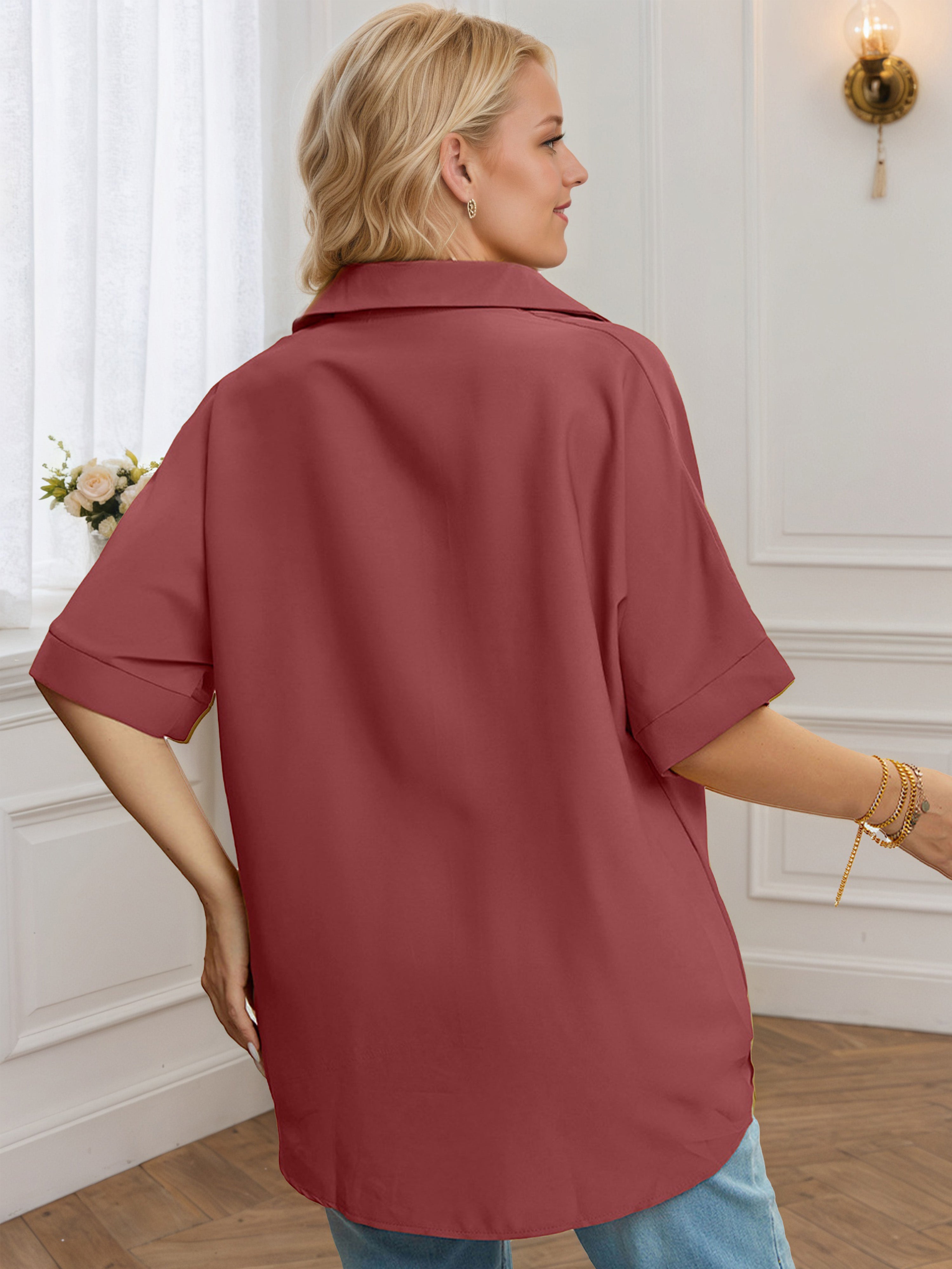 V-Neck Half Sleeves Mulberry Stand Collar Plus Blouse