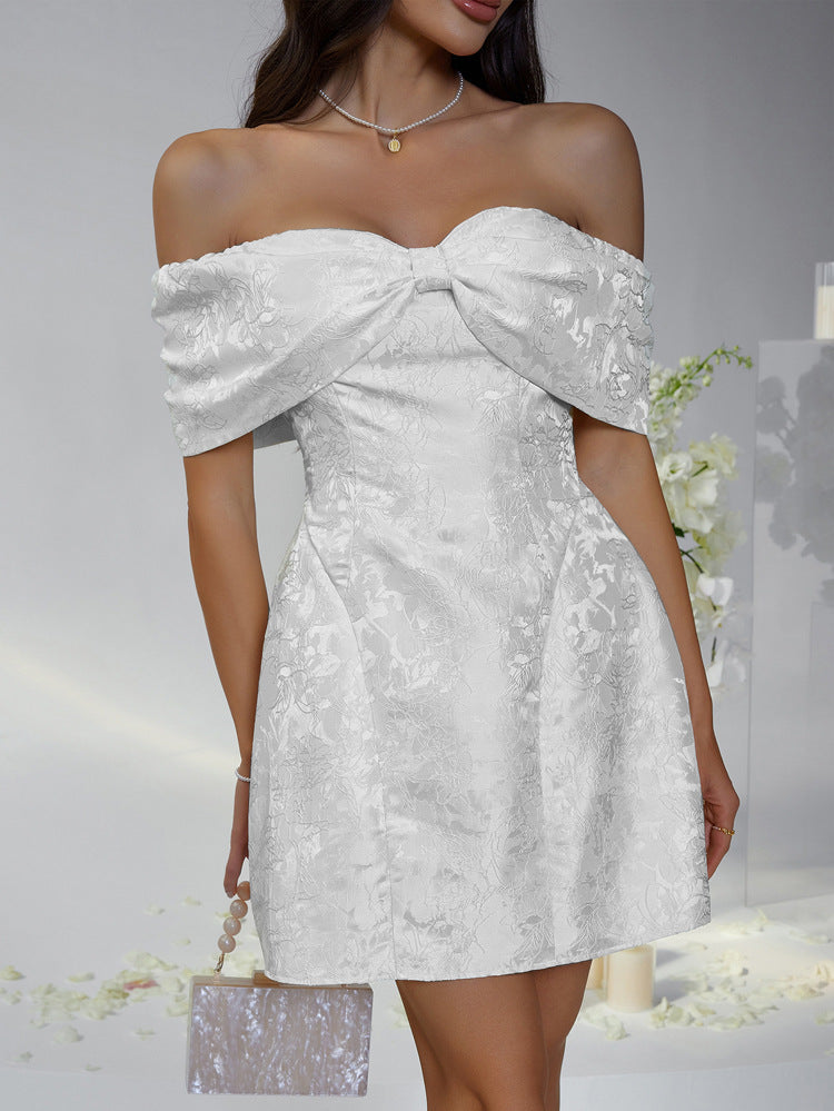 Illusion Bowknot Neck Strapless White Off The Shouder Wedding Guest Dress