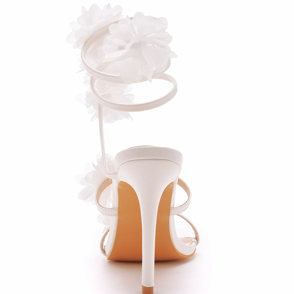 White Appliques Ankle Strap Open Toe Ultra High Heels