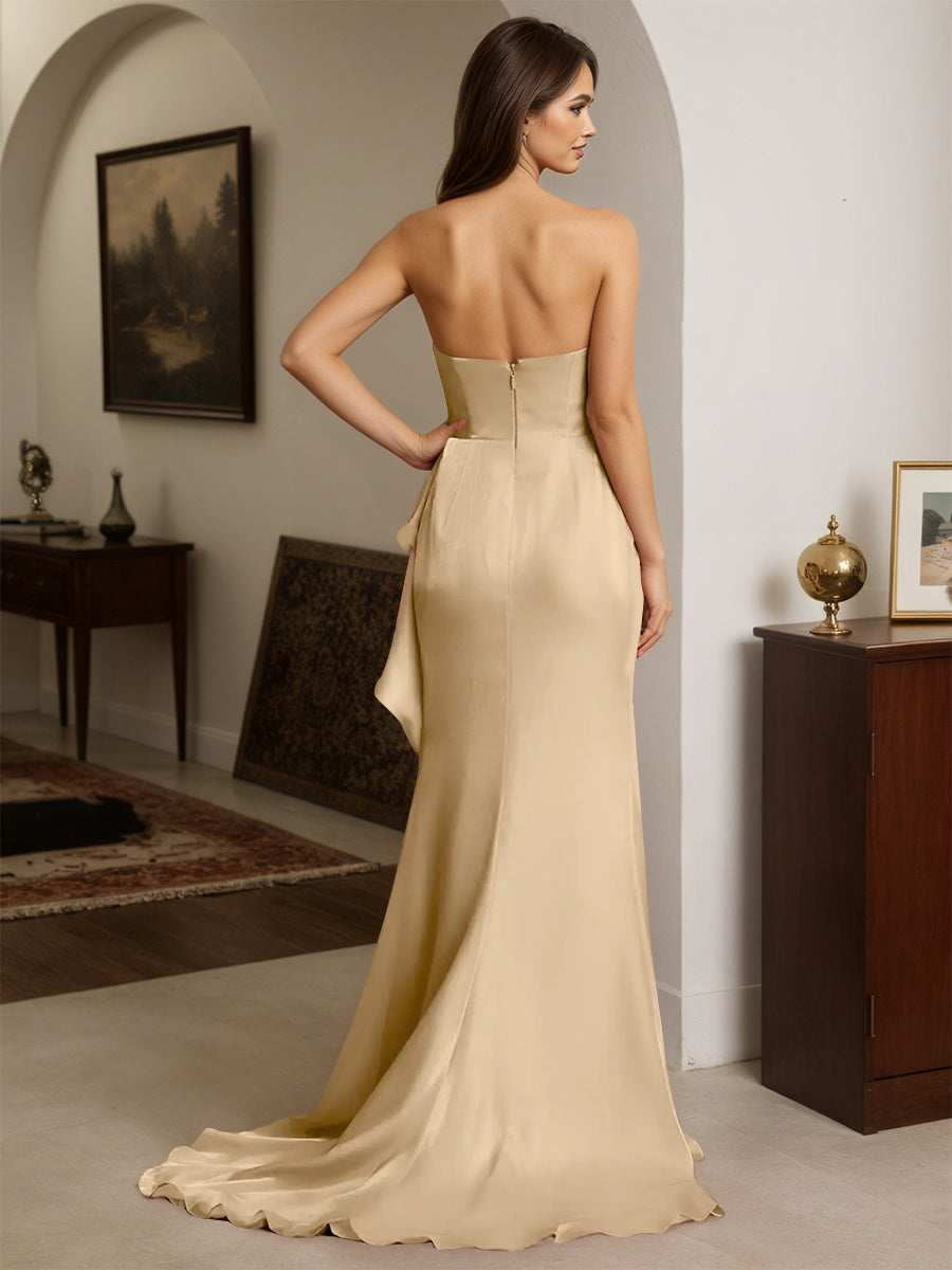 Cicinia Champagne Prom Dresses Strapless Sheath Slit Party Dress with Sweep Train