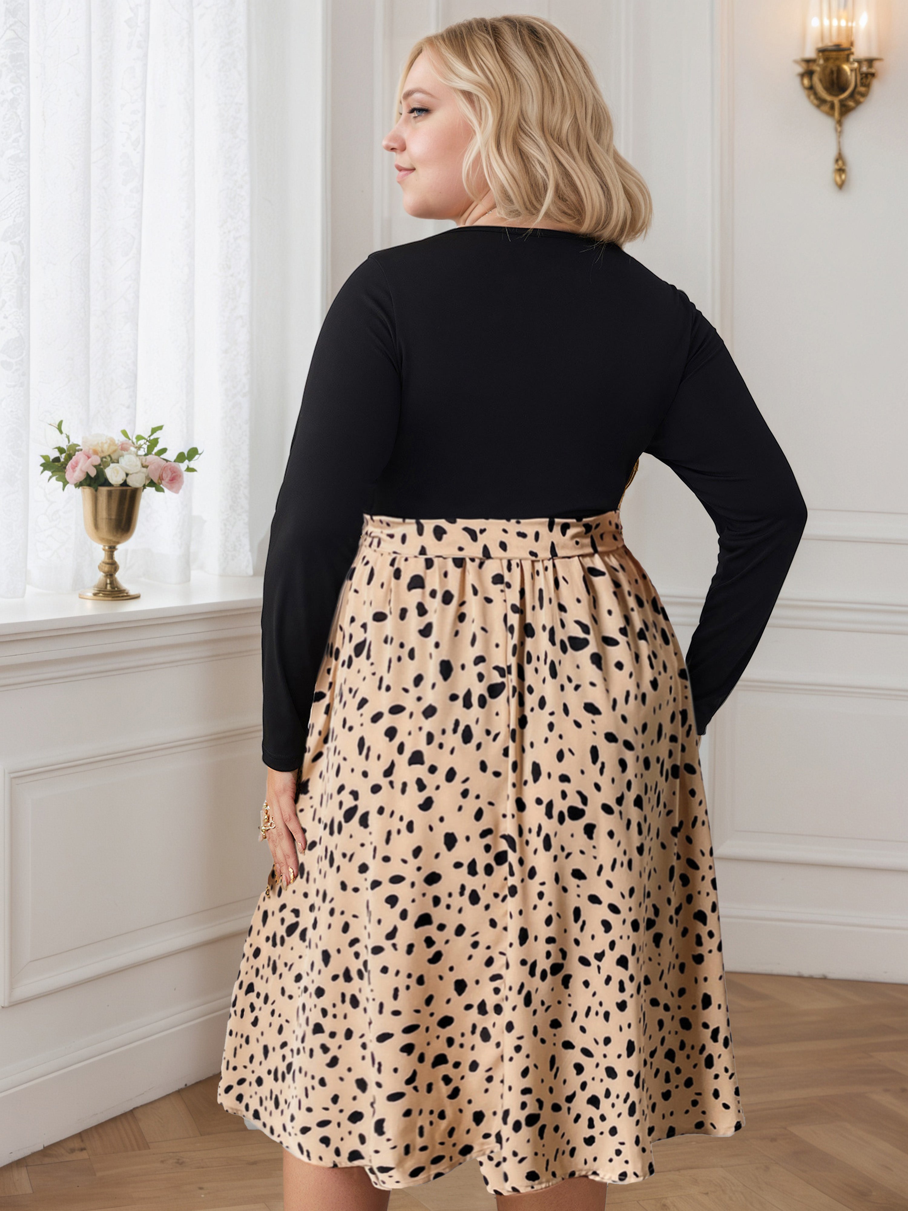 Apricot Contrast Leopard Round Neck Plus Size Dress with Belt