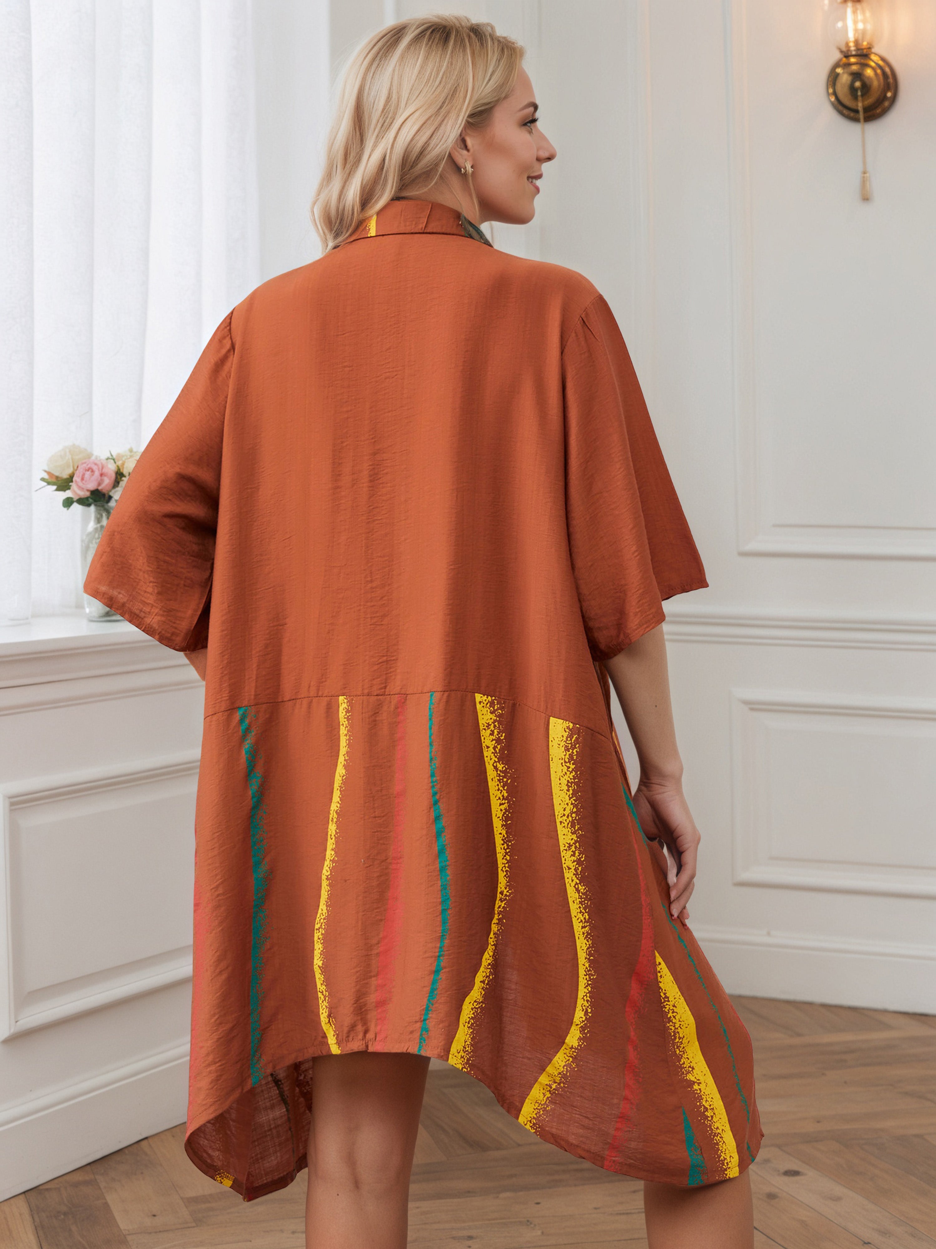 Striped Print Loose Asymmetrical Hem Burnt Orange Contrast Plus Size Dress