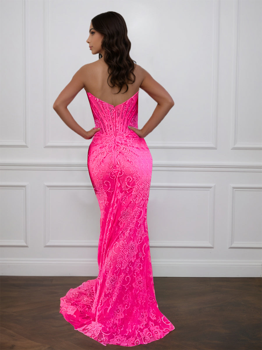 Cicinia Azalea Prom Dress Glitter Strapless Sweep Train Long Lace Mermaid Evening Dress