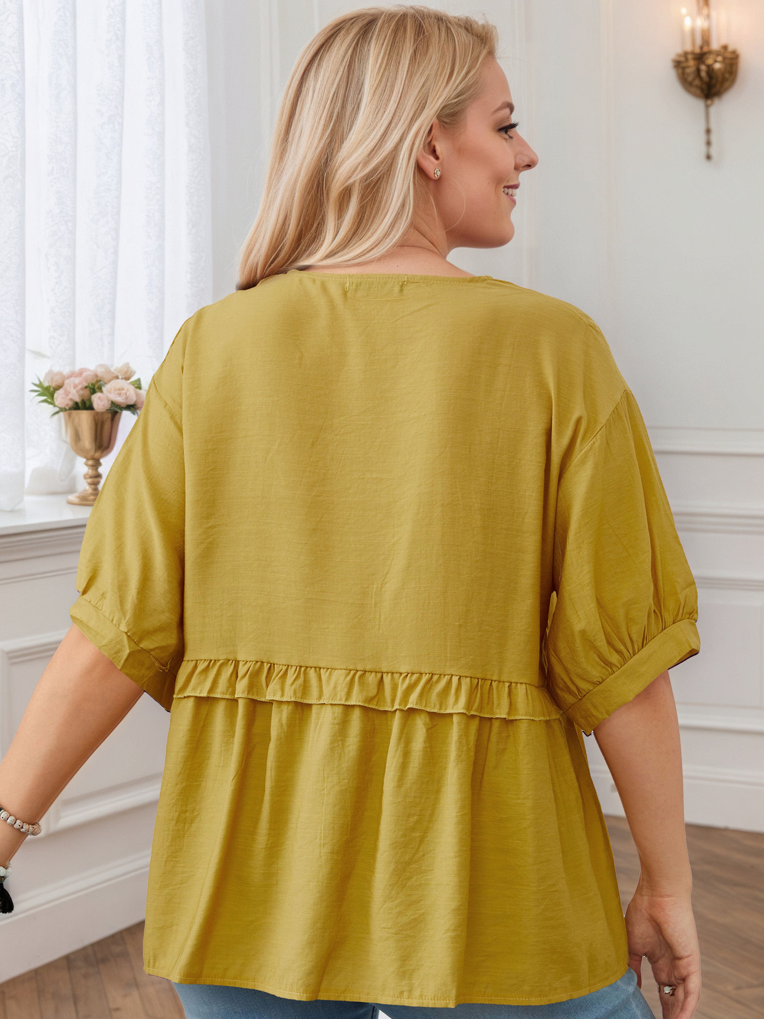 Plus V-Neck Front Bottom Yellow Blouse