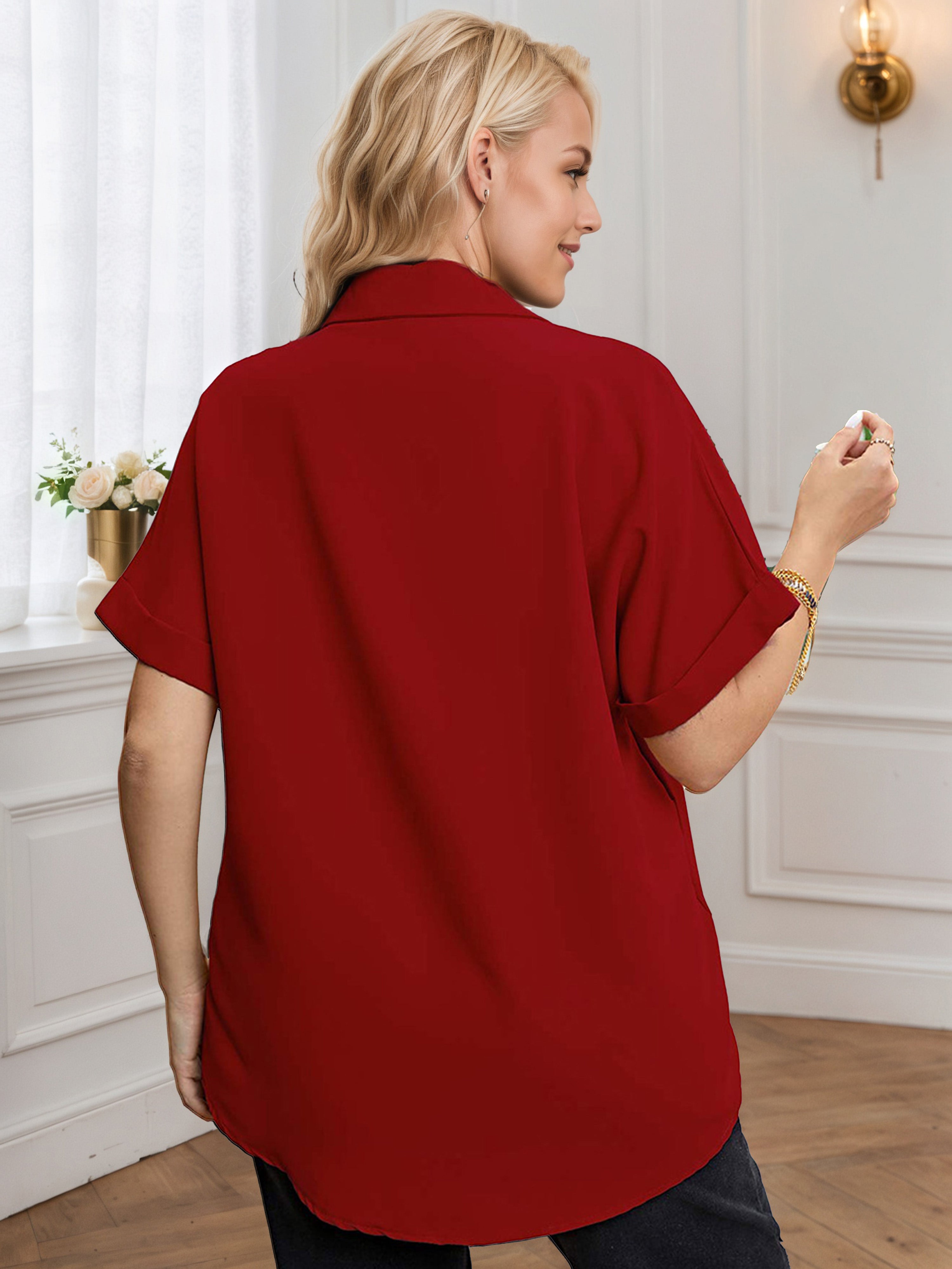 Plus Short Sleeves Red Stand Collar V-Neck Blouse