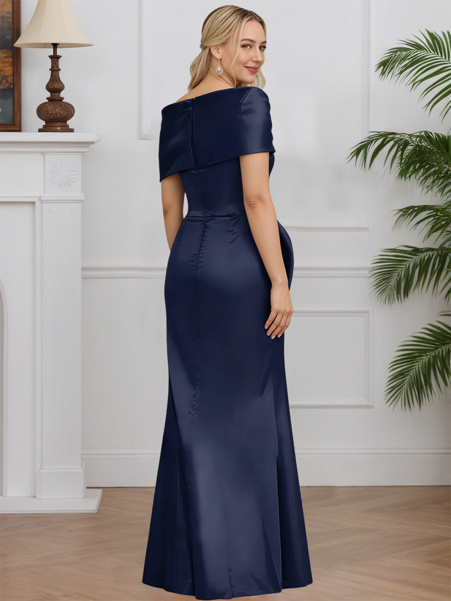 Cicinia Elegant Navy Blue Mother Of The Bride Dresses Satin Asymmetric Neckline Long Sheath