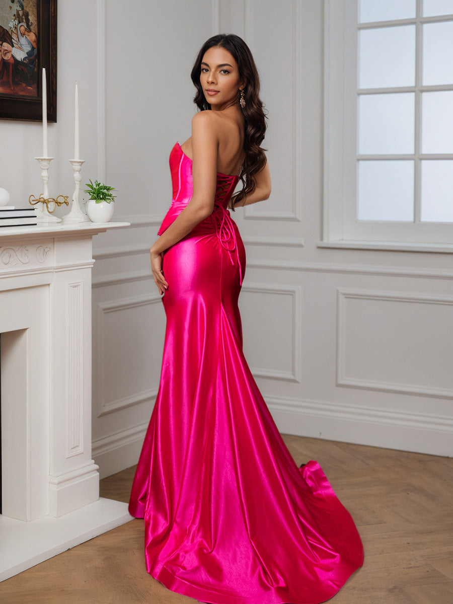 Cicinia Fuchsia Prom Dress Sheath Strapless with Slit Sweep Train Evening Gown