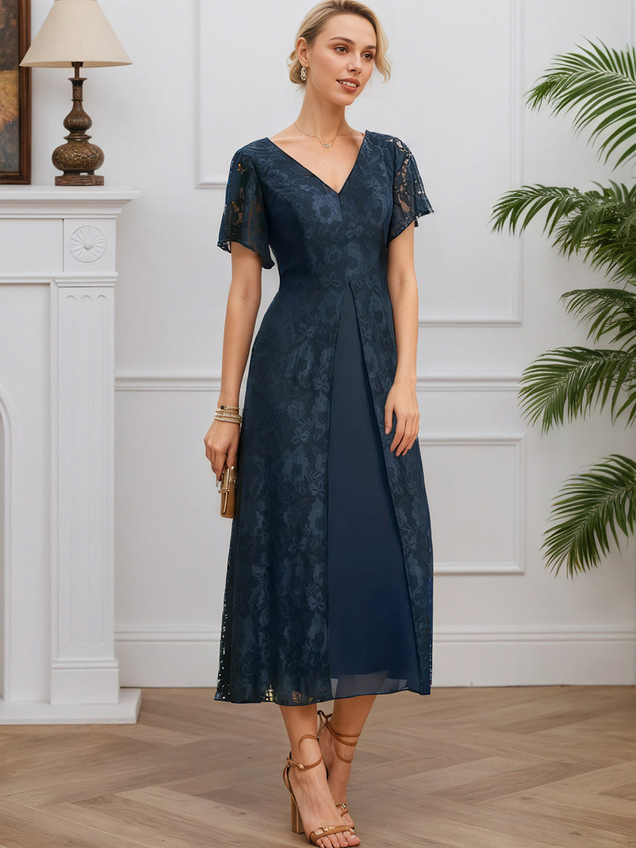Cicinia Dark Navy Mother Of The Bride Dresses Chiffon Lace A-Line Tea Length