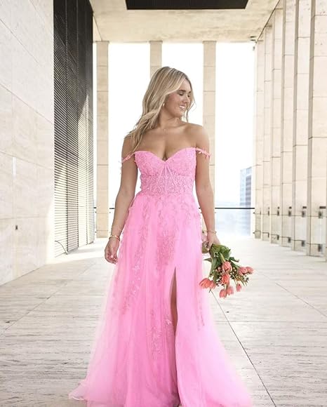 Pink Prom Dresses Off the Shoulder Sweetheart A-line Lace Appliques Prom Dress