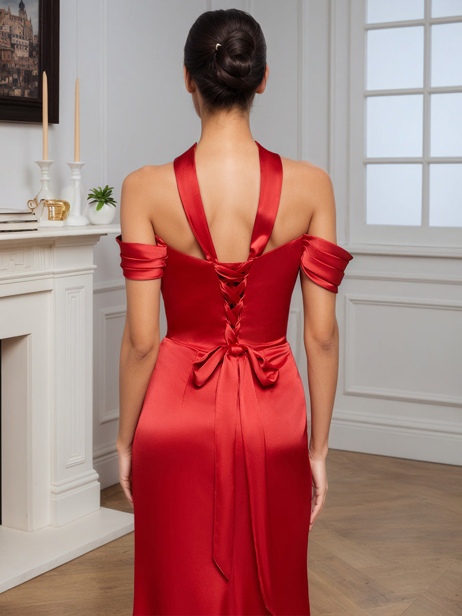 Cicinia Navy Blue Prom Dress Soft Satin Formal Off The Shoulder Sheath Sweep Train Evening Gown