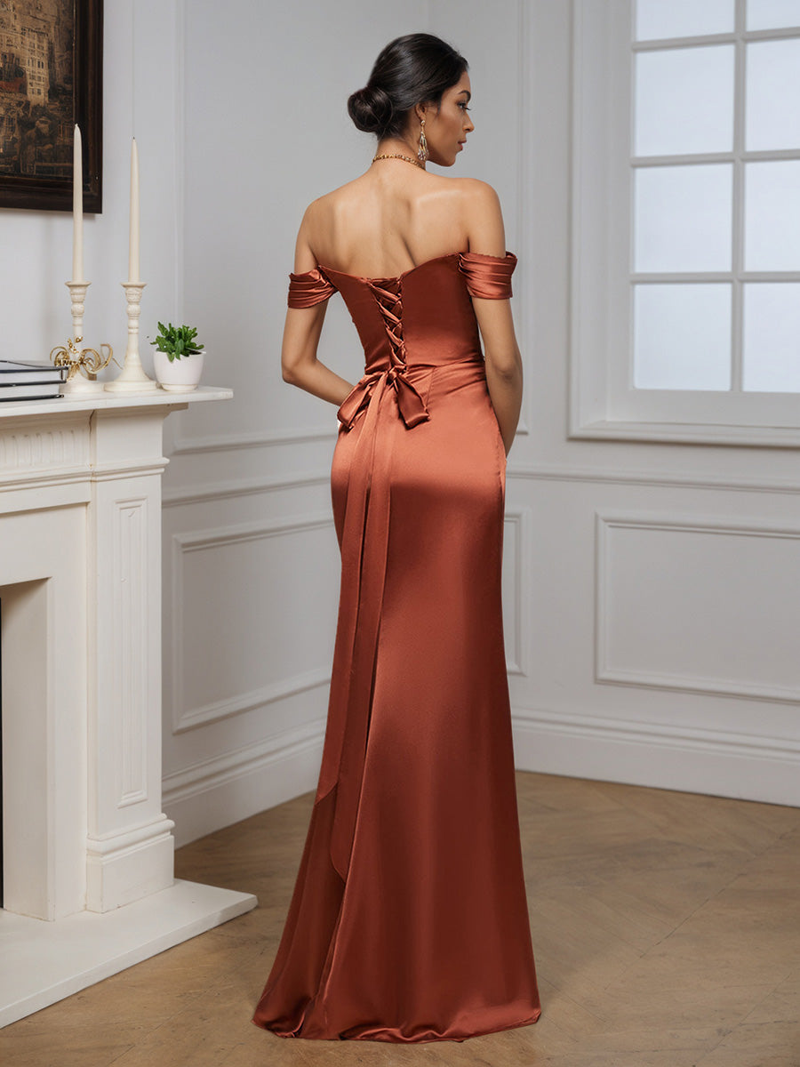 Cicinia Terracotta Prom Dress Soft Satin Formal Off The Shoulder Sheath Sweep Train Evening Gown