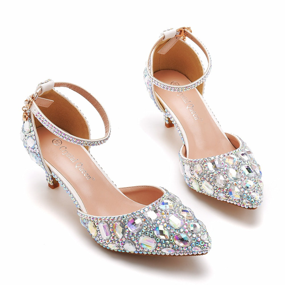 Pointed Toe Crystal Diamond Ankle Strap High Heel