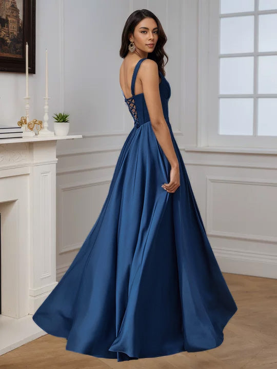 Cicinia Navy Blue Prom Dresses Soft Satin V-Neck A-Line Floor Length Evening Dress