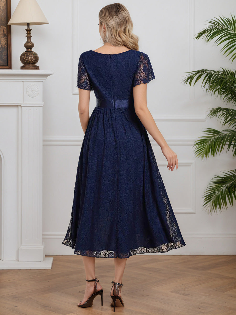 Cicinia Navy Blue Mother Of The Bride Dresses Lace A-Line Short Sleeves Tea Length