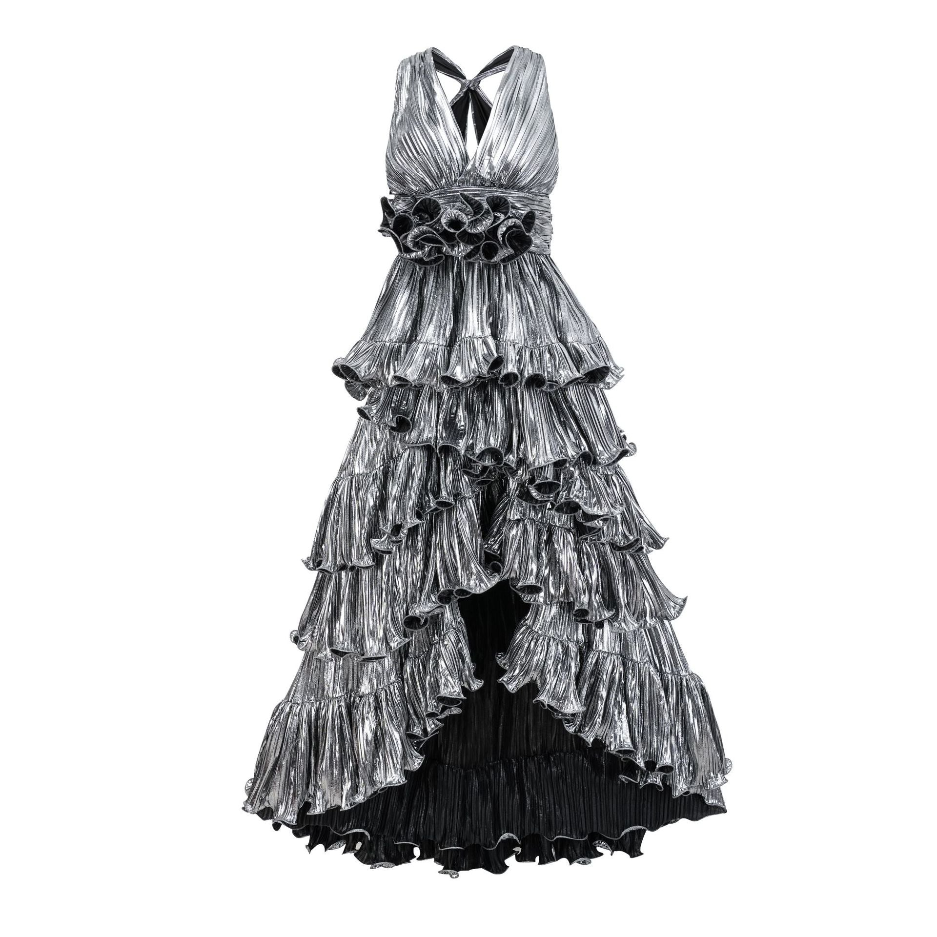 Sweep/Brush Train Silver Layers V Neck Sleeveless Prom Dress