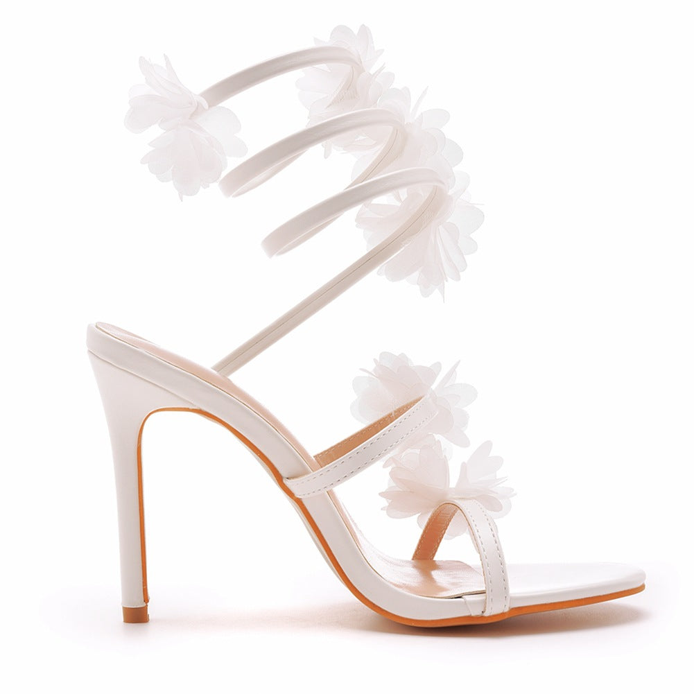 White Appliques Ankle Strap Open Toe Ultra High Heels