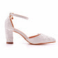 White Pointed Toe Lace Ankle Strap Chunky Heel