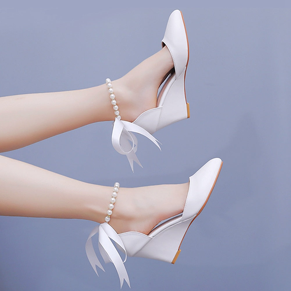 Chunky Heels Ribbons Pointed Toe Women's Wedding Shoes
