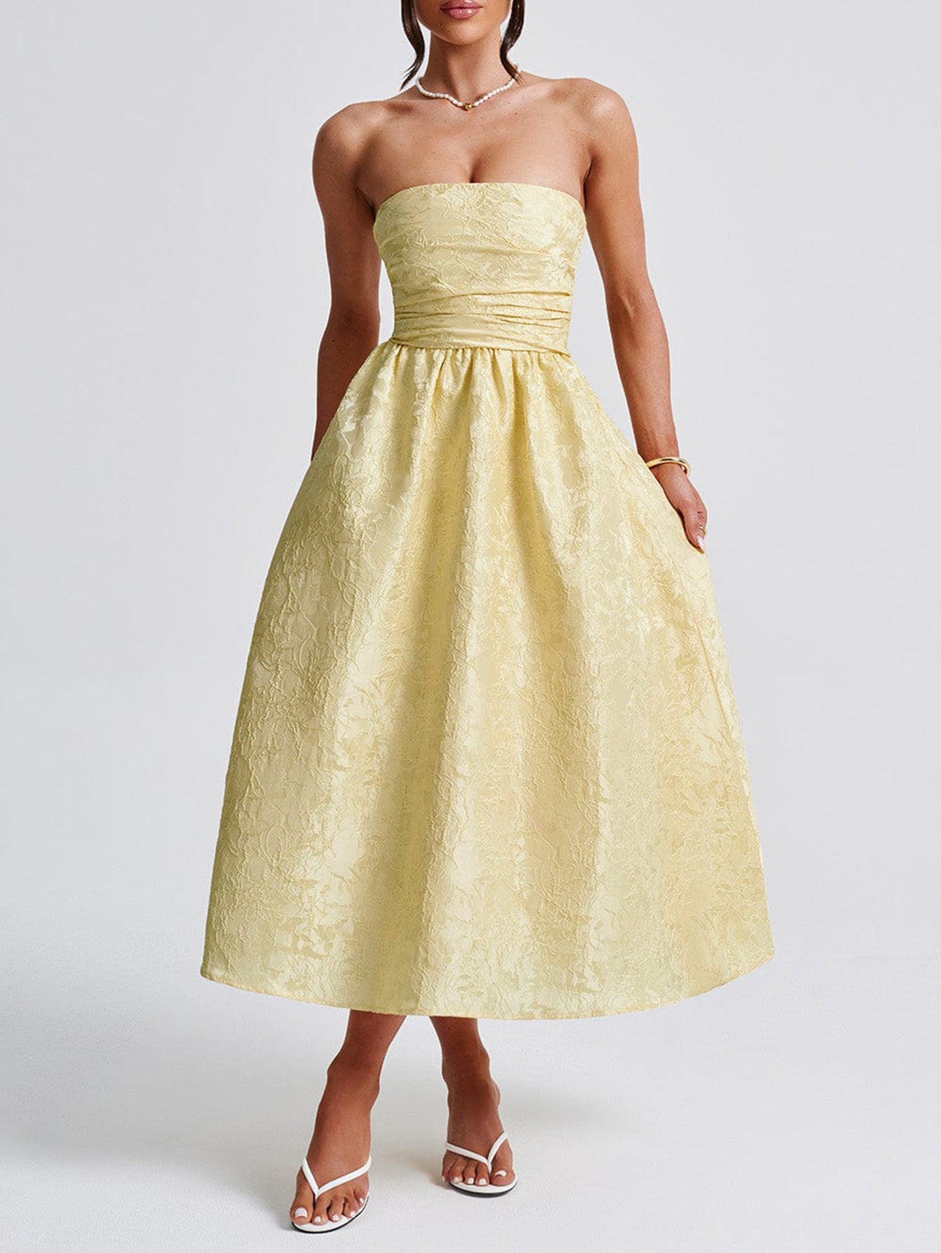 Empire Waist Strapless Printed Floral Daffodil Wedding Guest Dress
