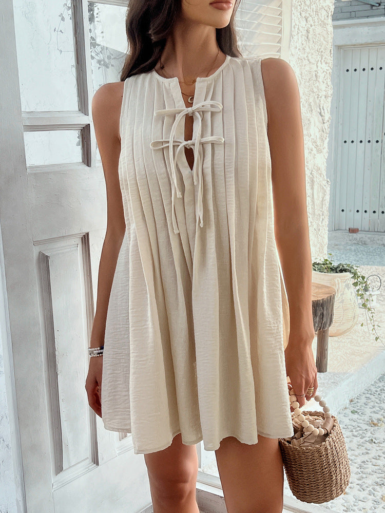 Solid Color Notched Sleeveless Pleats Apricot A-Line Wedding Guest Dress