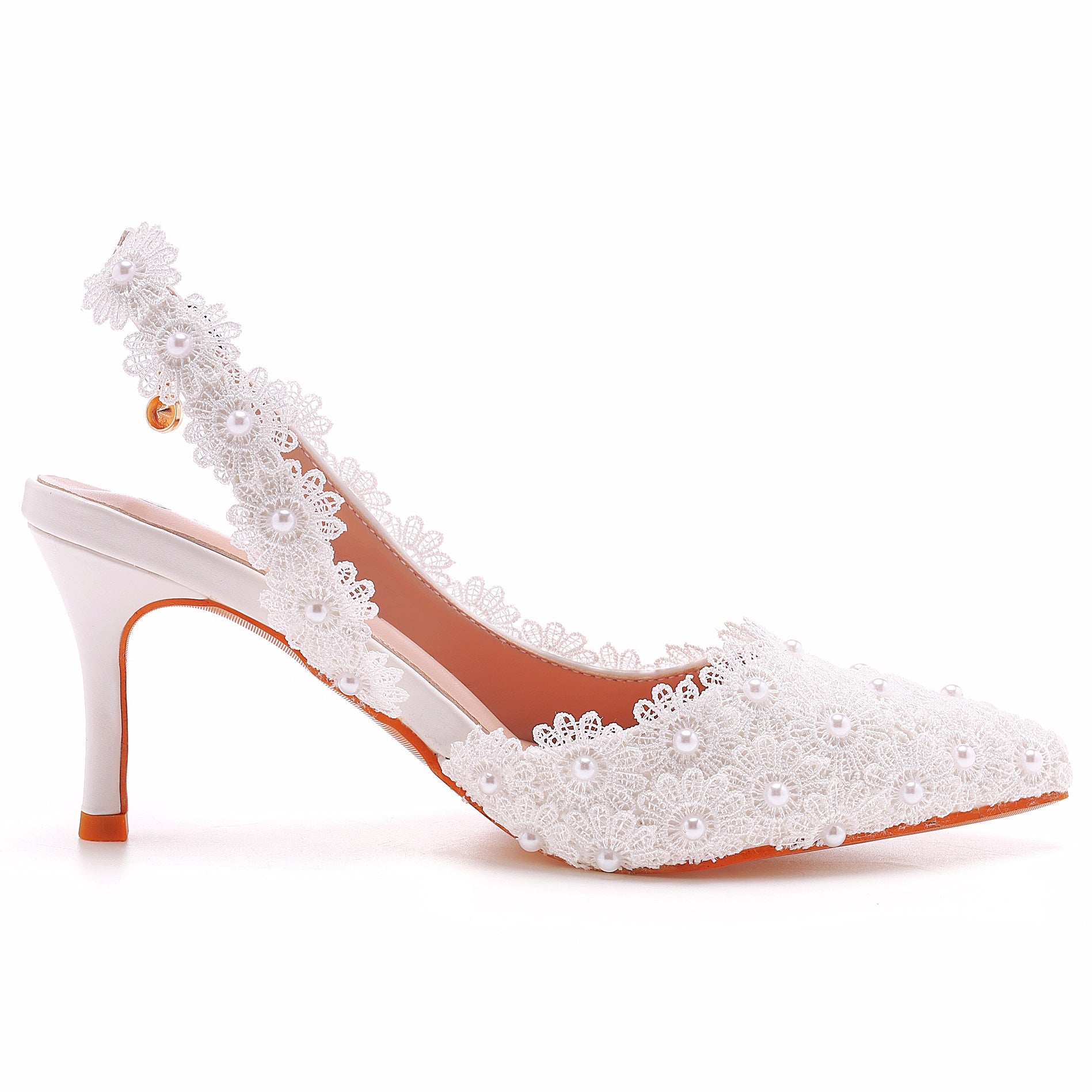Pointed Toe White Lace Flower Slingback High Heels