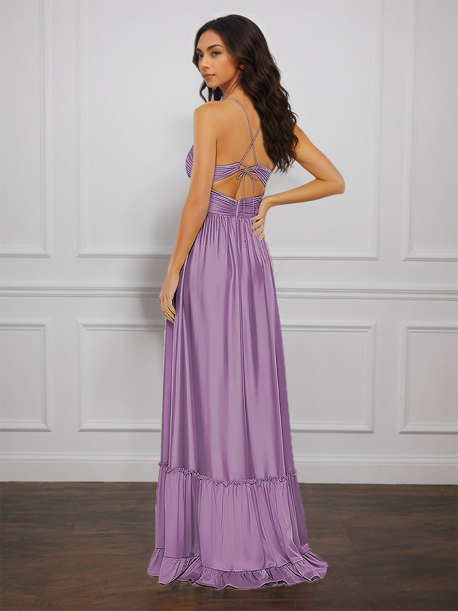 Cicinia Wisteria Prom Dress with Spaghetti Straps Ruched Soft Satin A-Line Formal Evening Gowns