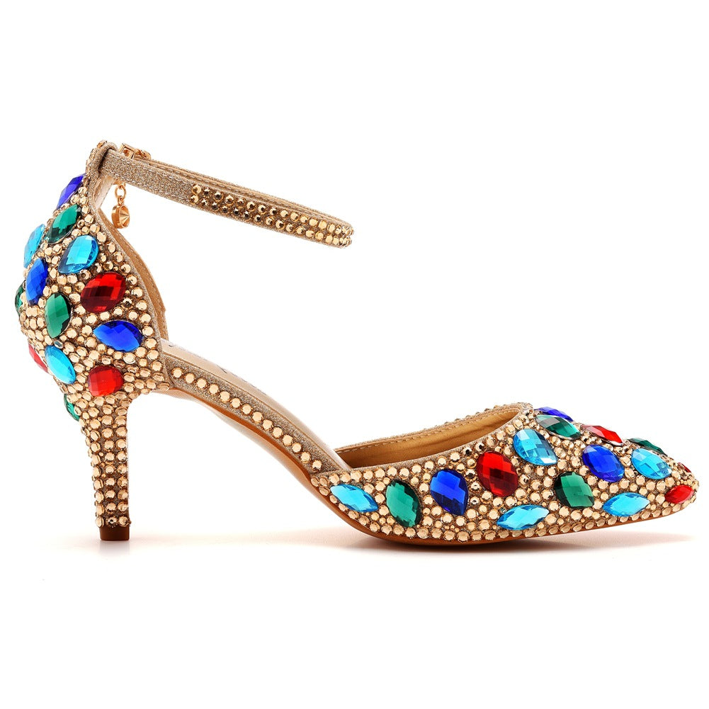 Pointed Toe Colorful Rhinestone Decor Ankle-Strap High Heels