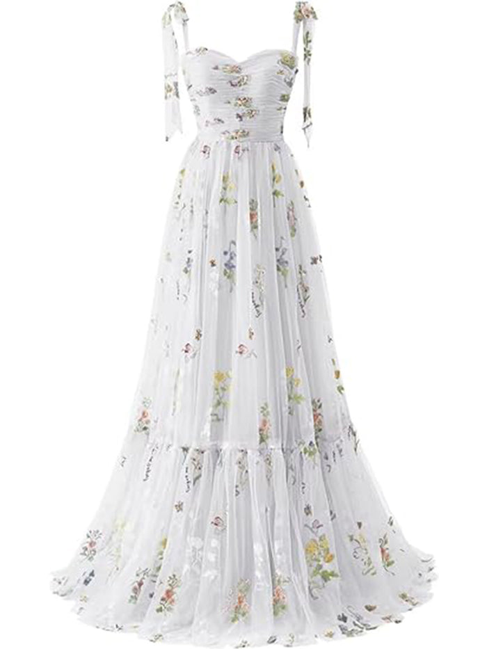 Blue Tulle Floor-length Embroidery A Line Prom Dress With Pockets main image 0