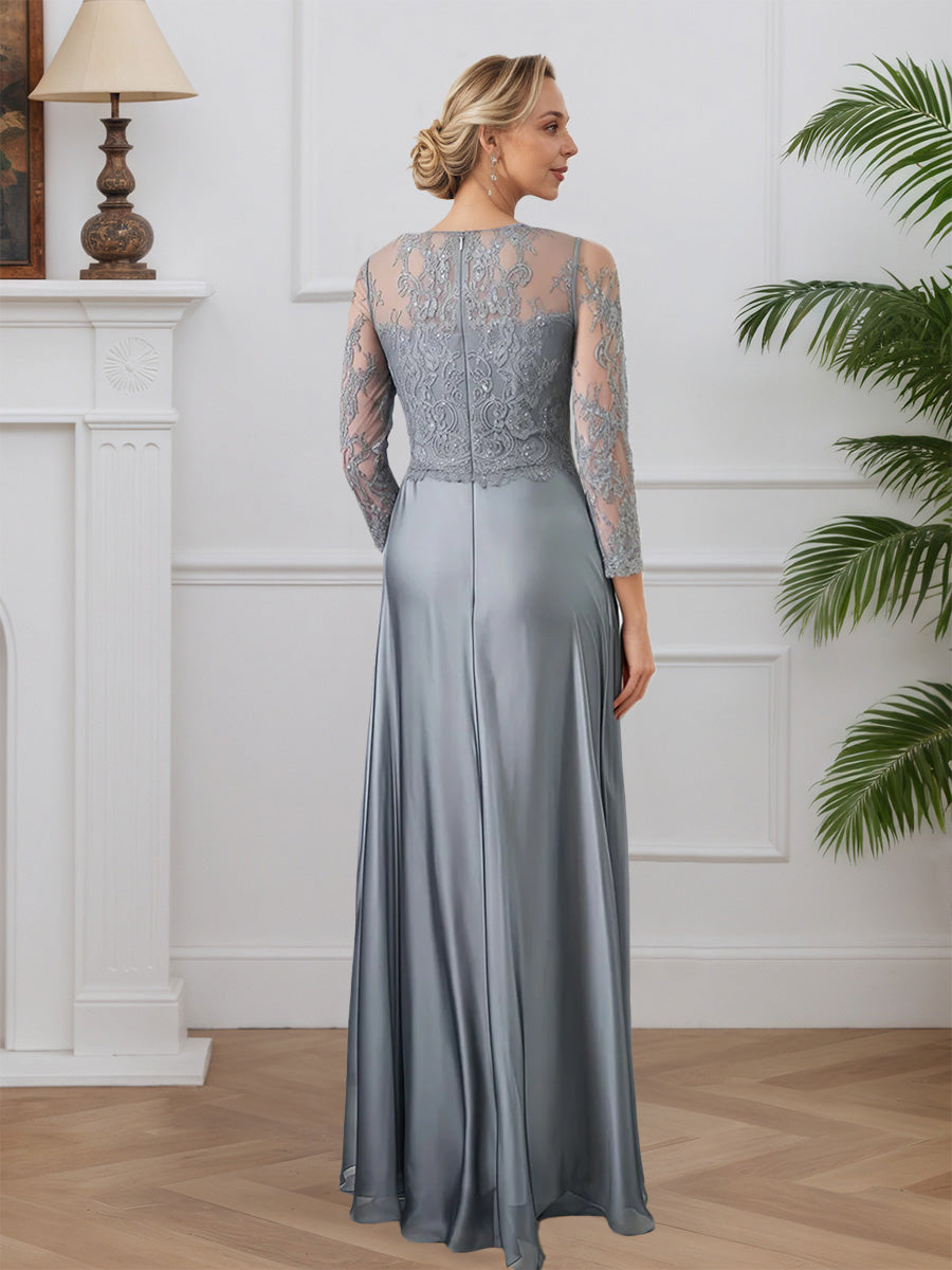 Cicinia Grey Mother Of The Bride Dresses Soft Satin Illusion Lace A-Line Long Floor Length