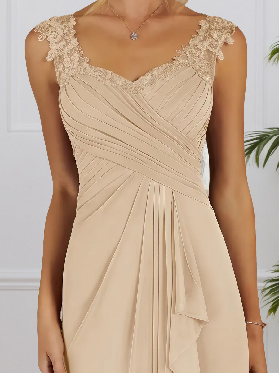 Cicinia Champagne Mother Of The Bride Dresses Chiffon Lace Straps Sheath Sleeveless Floor Length