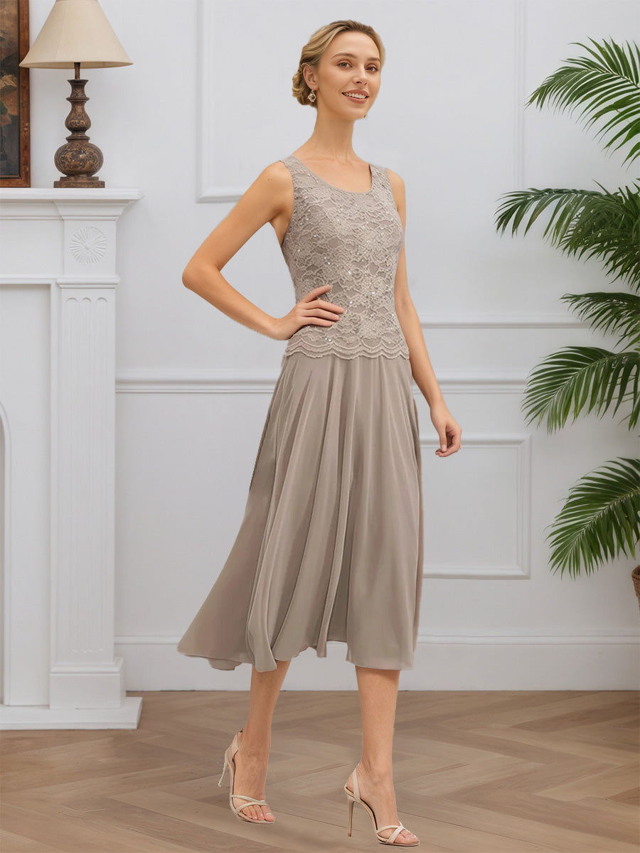 Cicinia Taupe 3 Piece Mother Of The Bride Dresses with Jacket Lace Chiffon A-Line Tea Length