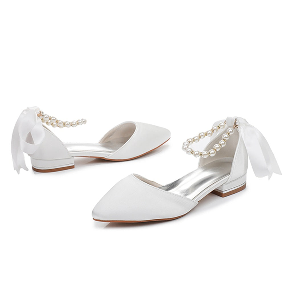 Elegant Pearl Ribbon Tie Satin Flat Heel Pointed Toe Bridal Shoes