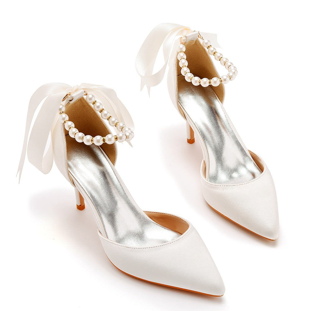 Pointed Toe Satin Pearl Ribbon Ankle Strap High Heels