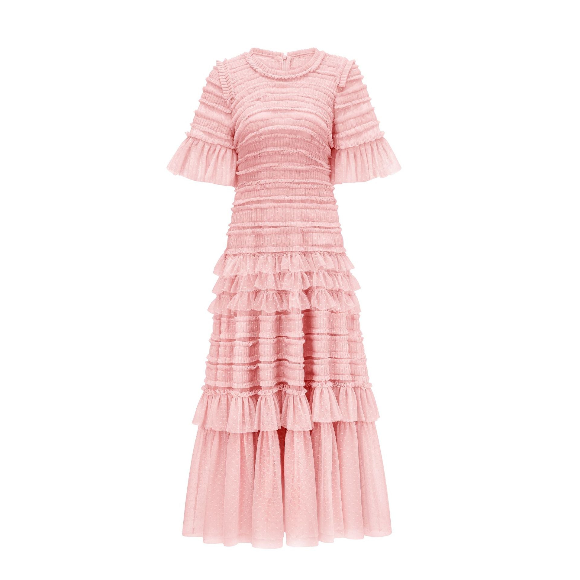 Elegant Half Sleeves Round Neck Layers Pink Ruffles Long Prom Dress