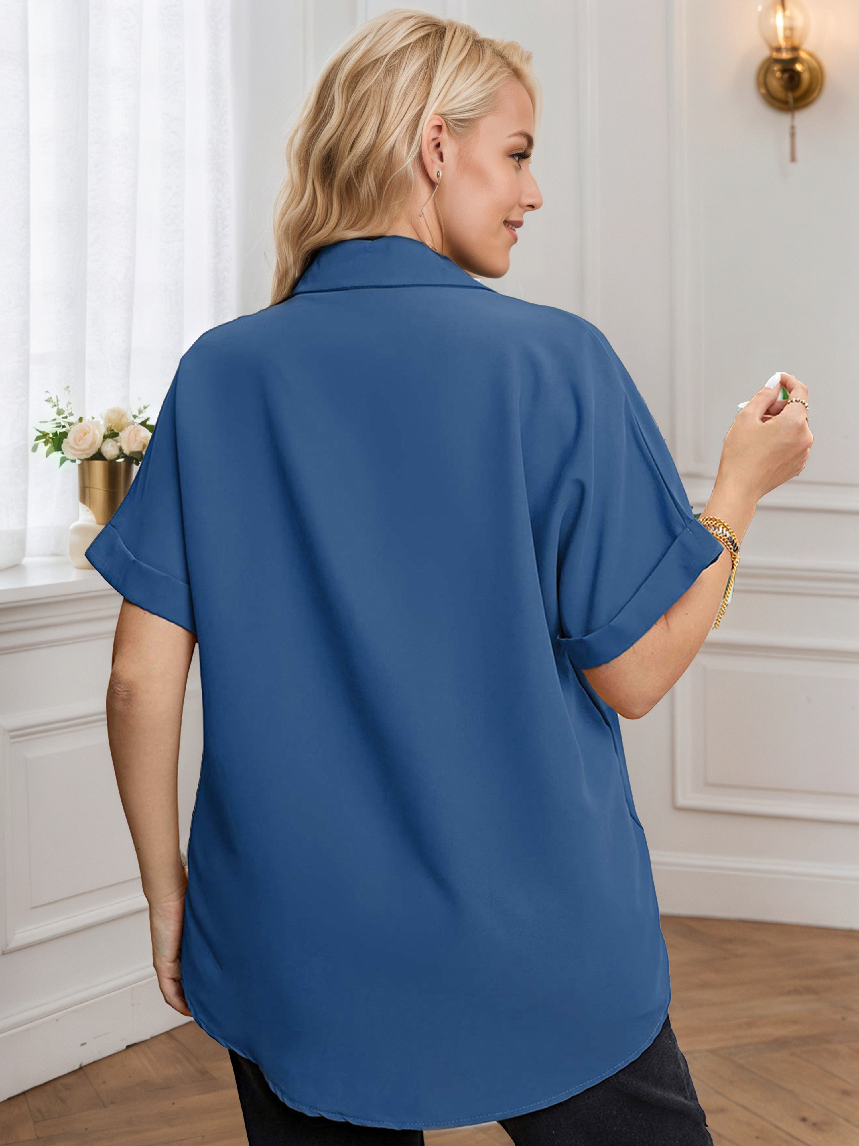 Plus Short Sleeves Dark Blue Stand Collar V-Neck Blouse