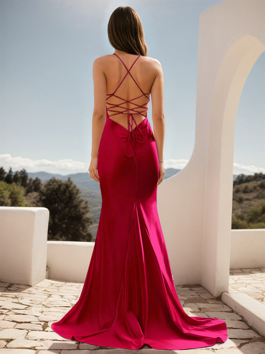 Cicinia Red Prom Dresses Stretch Fabric Backless Trumpet/Mermaid Spaghetti Straps Sweep Train Prom