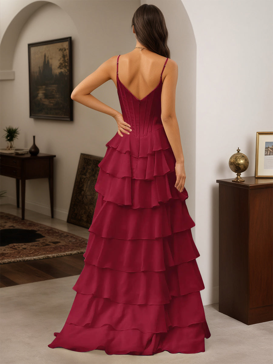 Cicinia Burgundy Prom Dresses Spaghetti Straps A-Line Layers Floor Length with Split