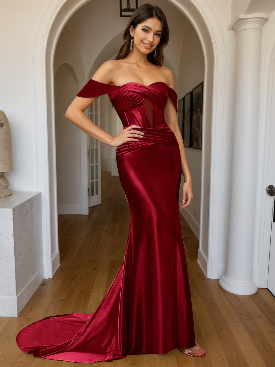 Cicinia Burgundy Prom Dresses Soft Satin Trumpet Off The Shoulder Sweep Train Evening Gowns with Split