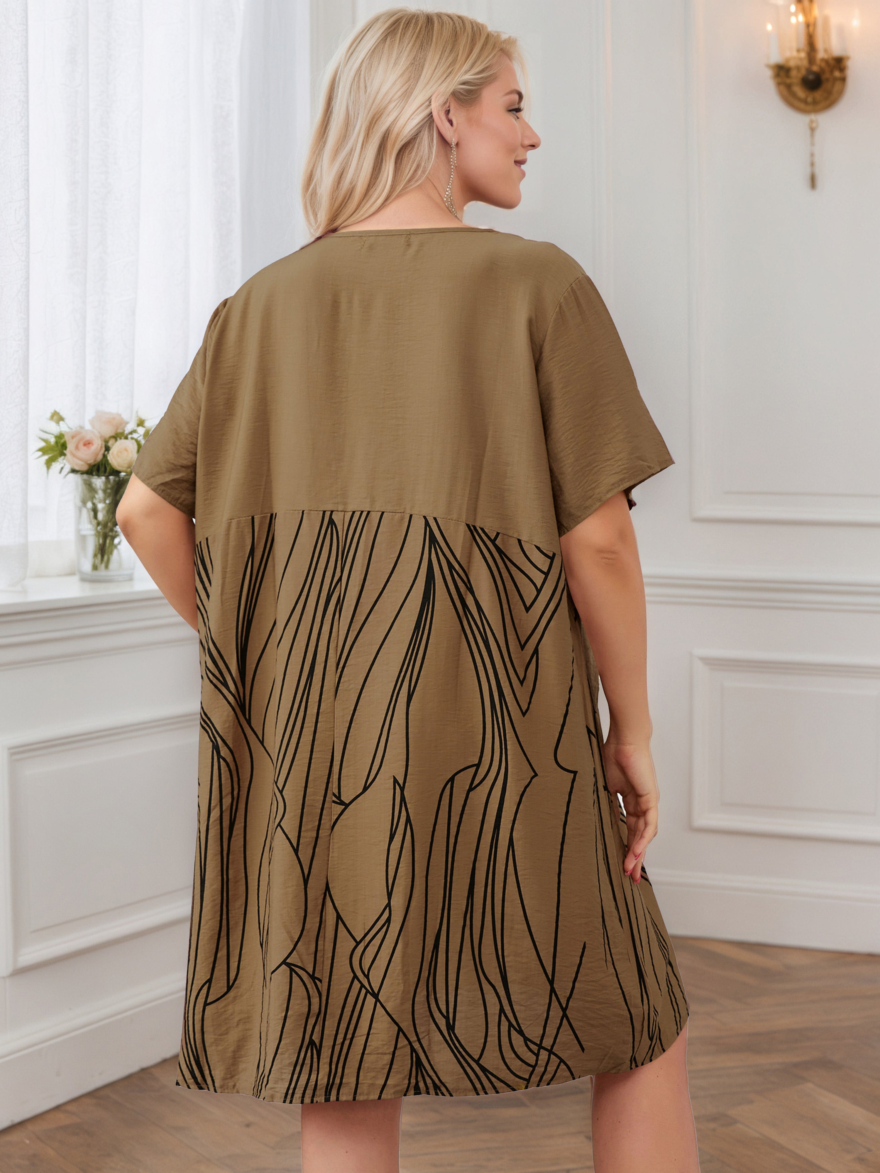 A-Line Short Sleeves Graphic Printed Mocha Plus Size Dress